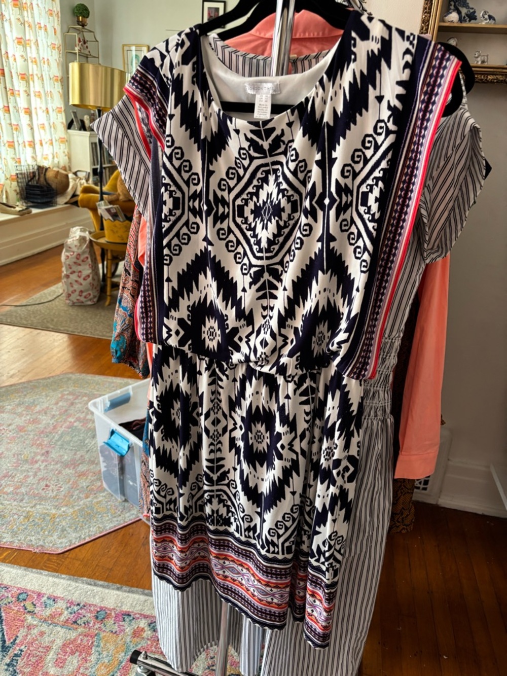 London Times Blue and White Aztec Print Midi Dress with coral trim